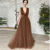 OIMG Simple A Line Brown Tulle Long Prom Dresses V Neck Velvet Sash Floor Length Women Formal Evening Gowns Robe de soiree