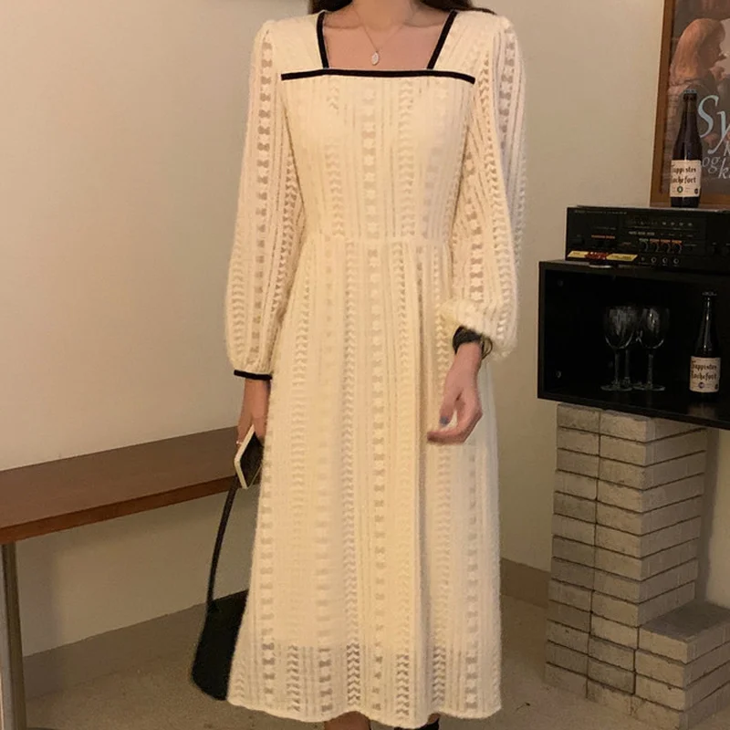 

High Quality Lace Stand Collar Chic Hollow Crochet Design Maxi Dresses for Women Long Sleeve Elegant Vintage Vestido De Mujer