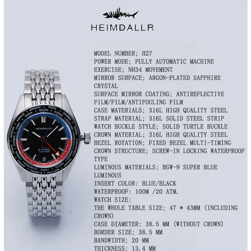 Heimdallr Vintage GMT Men Mechanical Dive Watches Sapphire Crystal NH34 Automatic Movement Watch Waterproof BGW-9 Blue Light