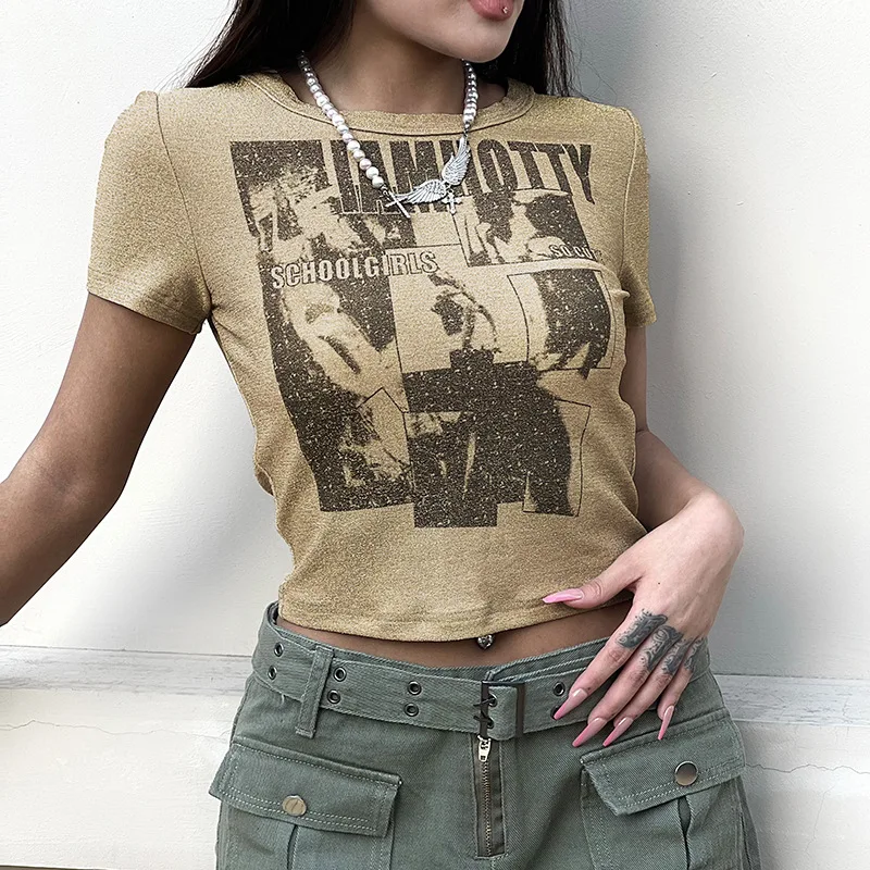 

Summer Women Punk Print Gold T Shirt Y2k Clothes Crop Top