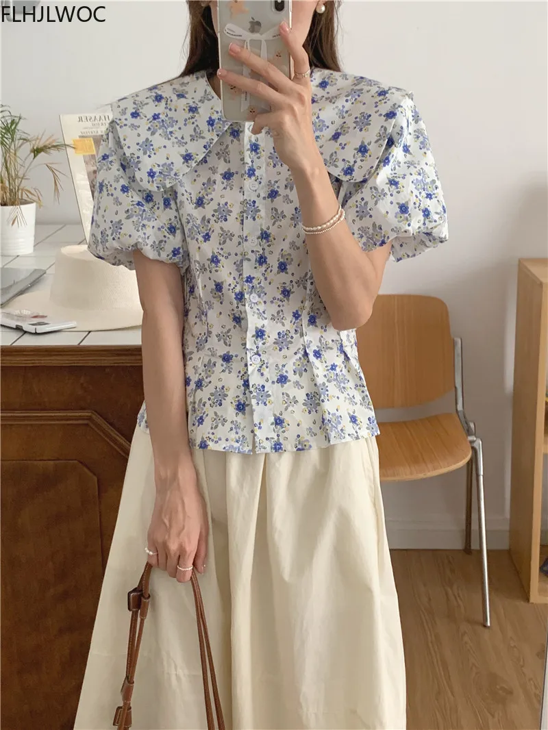 

Cute Sweet Korea Chic Tops Blusas Hot Sales Fashion Women 2022 New Design Floral Print Peter Pan Collar Puff Sleeve Button Shirt