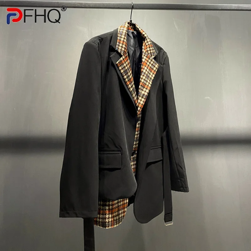 

PFHQ нишевой дизайн клетчатые куртки мужской пэчворк имитация двух частей высокое качество уличная одежда осенний удобный стильный Блейзер 21F1333