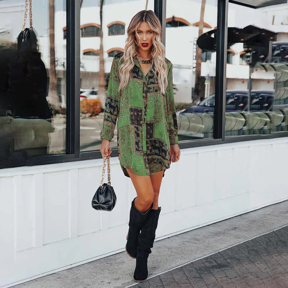 

Autumn 2022 New Womens Printed Long Sleeve Cardigan Single Breasted Loose Relaxed Shirt Dress Ladies Turn Down Collor Mini Dress