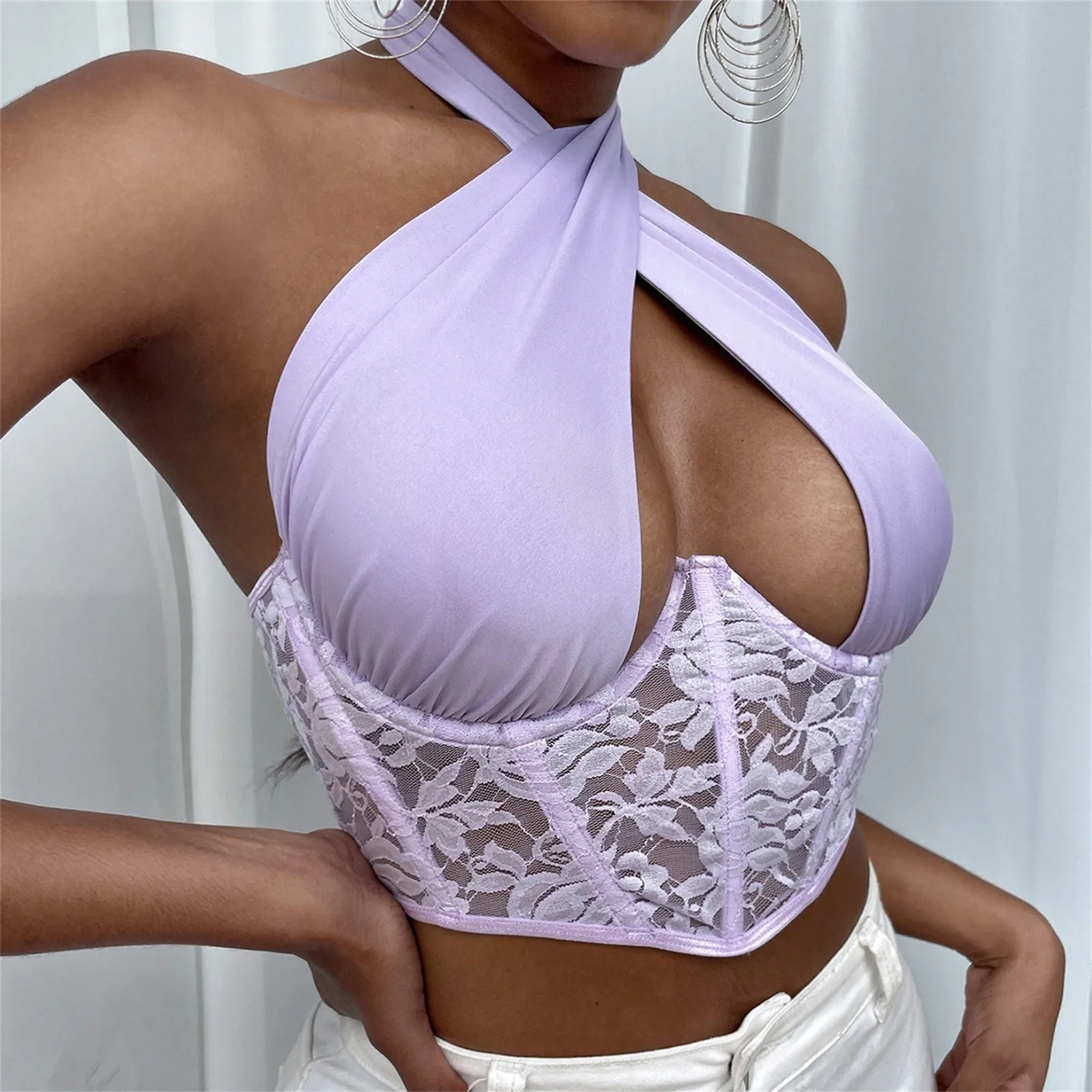 

Y2K Summer Criss Cross Tank Tops Women lace Sleeveless Cutout Lace Vintage Corset Crop Tops Club Sexy Bustier Tops Female