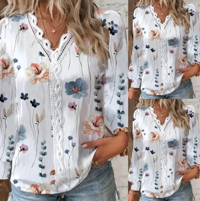 

Women's Long Sleeve T-Shirt Tops 2023 New Autumn Long Sleeve V Neck Lace Stitching Shirt Tops Floral Print Pullover Casual Tops