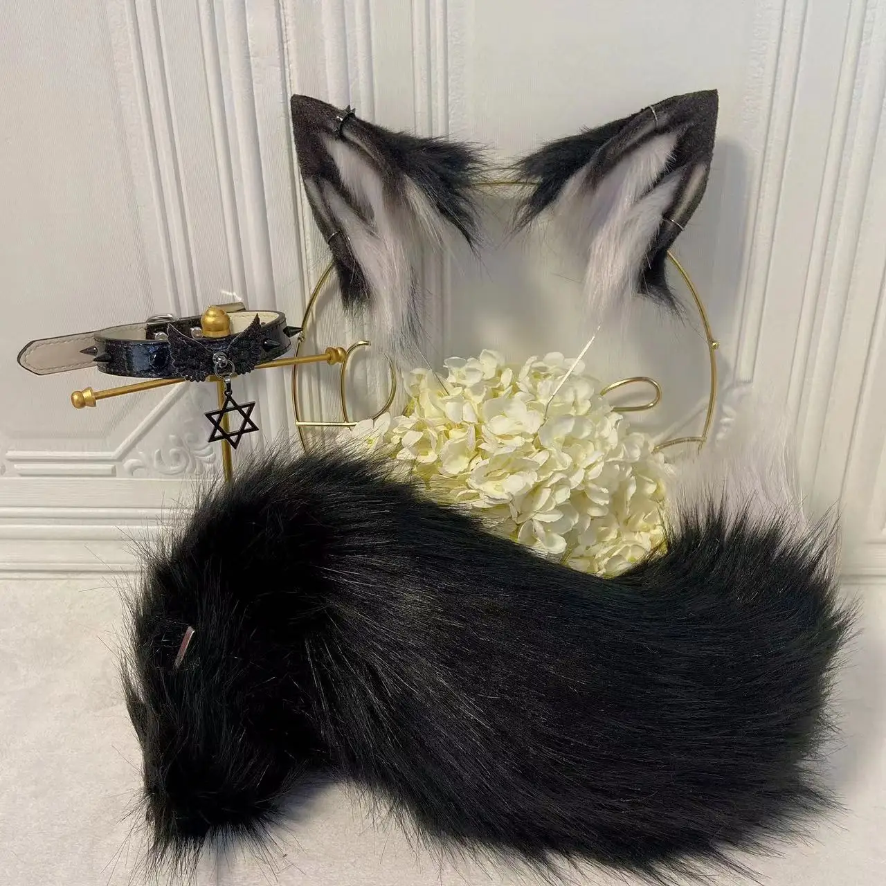 

Black wolf tail plush set cosplay props sexy loli carnival party anime fox ears headband hair accessories kawaii plush props