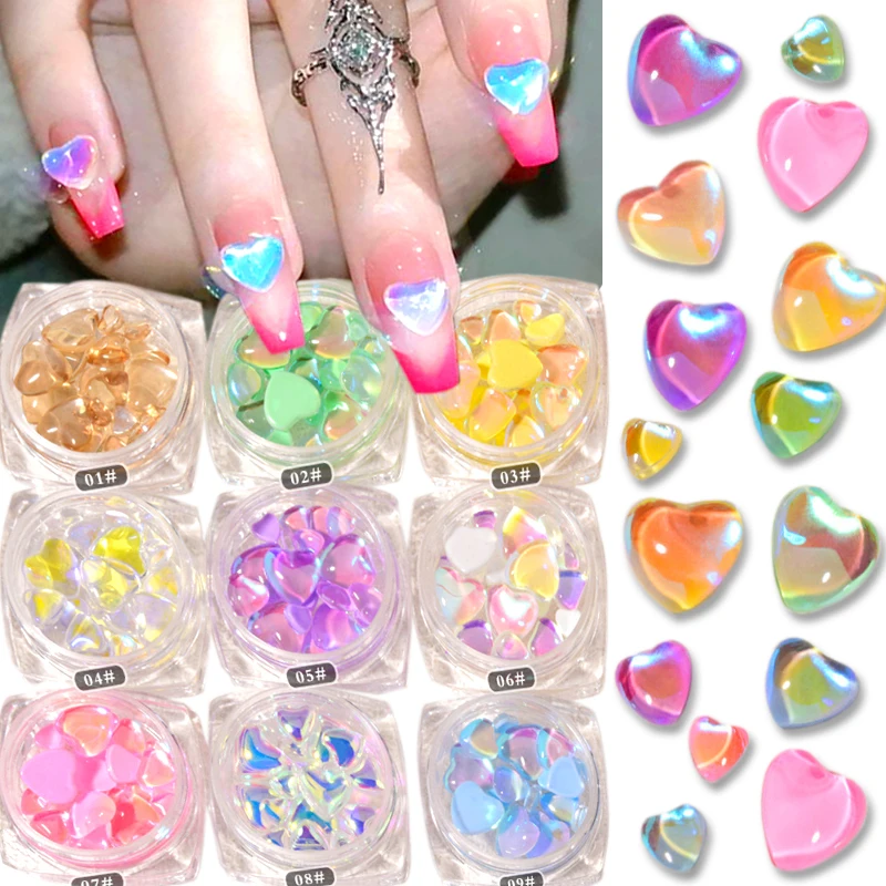 

20pcs Mixed Size Candy Love Heart Crystal Nail Charms Aurora Macaron Heart Nail Rhinestones Nail Gems Diamond Nails Decoration