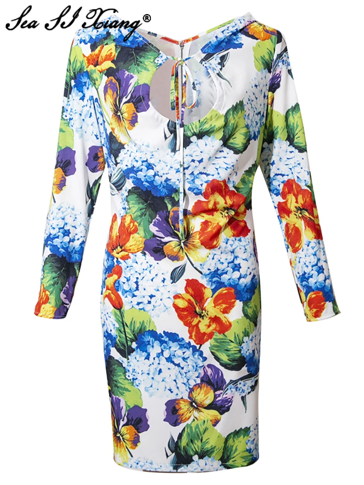 

Seasixiang Fashion Designer Spring Pencil Dress Women V-Neck Long Sleeve Flowers Print Sexy Slim Short Dresses