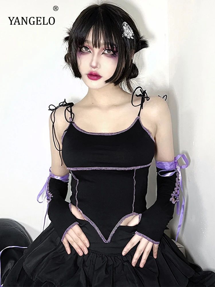 

Yangelo Fairy Grunge Women Tshirt Punk Gothic Bandage Gloves Sleeve+Patchwork Camis Sets Lacing Grunge Aesthetic Ribbons T Shirt
