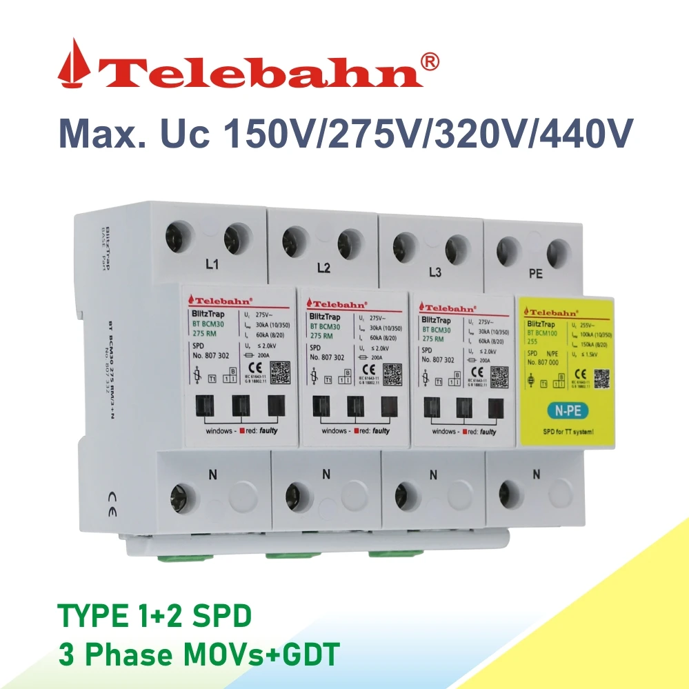 Фото AC SPD 275V T1+T2 30kA 3P+N Трехфазное устройство защиты от перенапряжения для основных распределительных плат №5