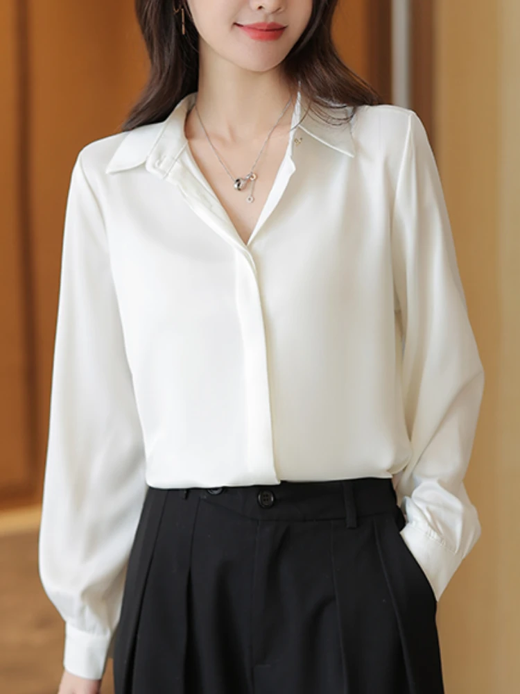 

New Fashion Women Spring Casual Elegant White Shirts Vintage Formal Satin Business Party Blouses Female Chic Solid Tops