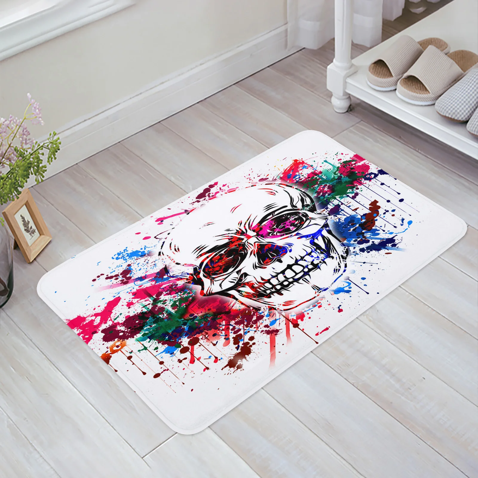 

Watercolor Painting Art Splatter Skull Entrance Doormat Modern Bedroom Home Kitchen Rug Living Room Floor Decor Carpet