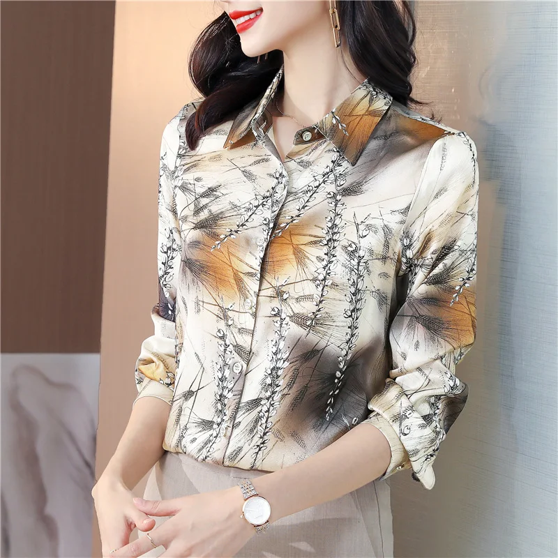 

Silk Satin Loose Women's Shirts New Fashion Blouses Flower Print Polo Collar Autumn Casual Long Sleeve Blusas Female Clothing