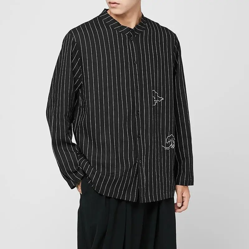 

Рубашка Мужская льняная с длинным рукавом, модная блузка с вышивкой в китайском стиле, свободная повседневная одежда в полоску, большие размеры