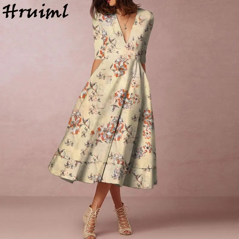 

Women Dresses Spring Summer Wholesale Casual Elegant V-neck Print A-line Casual Dress Cheap Wholesale Robe Longue Femme 2022