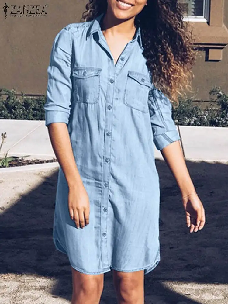 

ZANZEA Irregular Hem Short Robes Fashion Denim Shirtdress Women 2023 Summer Lapel Long Sleeve Button Up Mini Dress Streetwear