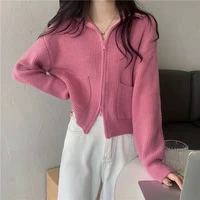 womens funnel neck zipper cardigan spring autumn winter fashion all match pullover with pockets elegant sweet knitted blouse