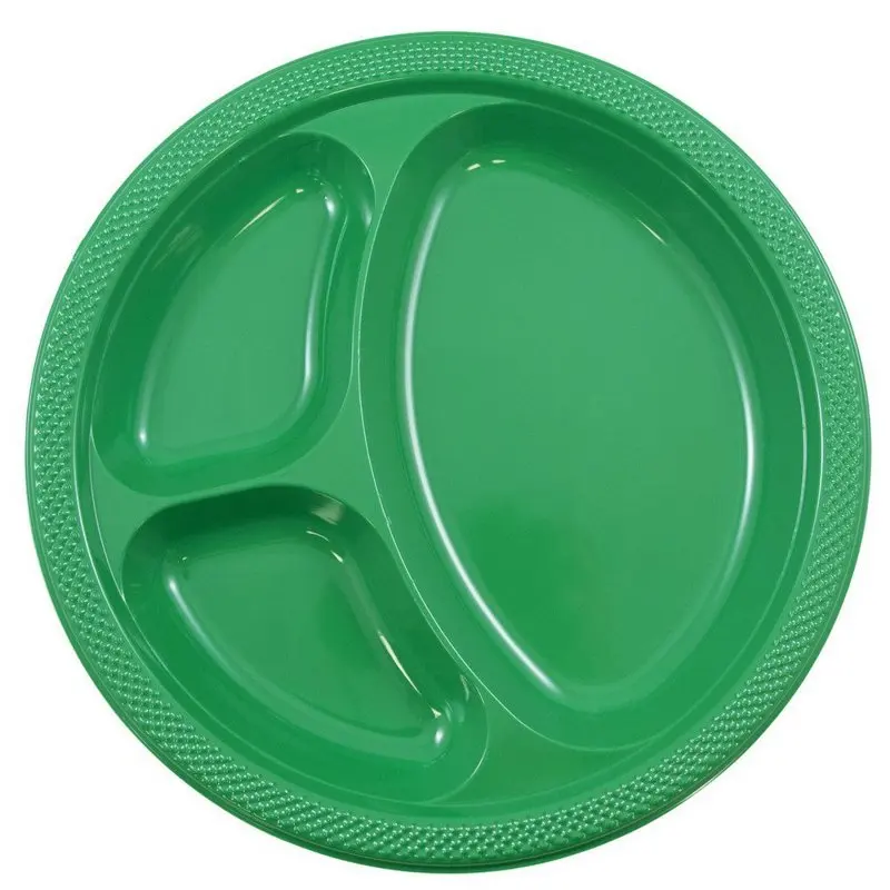 

3 Compartment Divided Plastic Plates, 20/Pack, Green, Large, 10.25"