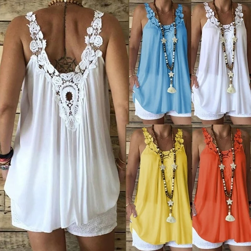 

Women Fashion Loose Casual Pure Color Lace Sleeveless Camisole Summer Tank Tops