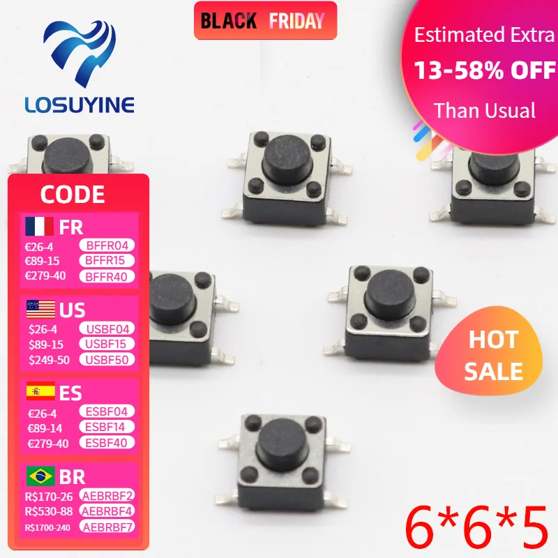 

100 шт. тактовый переключатель LOSUYINE 6*6*5 мм