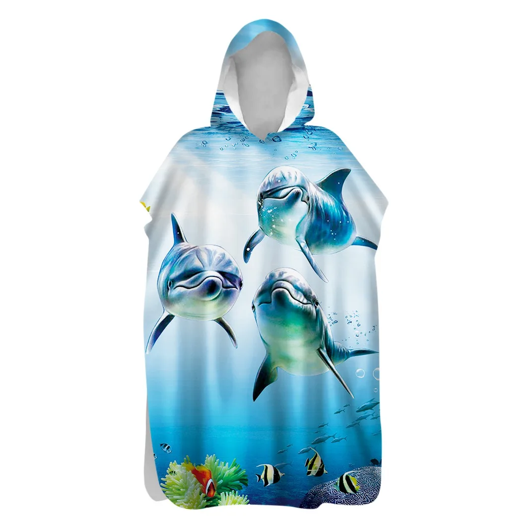 

Mediterranean Ocean Sea Dolphin Fish Sand Free Hooded Poncho Towel Swim Beach Changing Robe Holiday Birthday Gift Drop Shipping