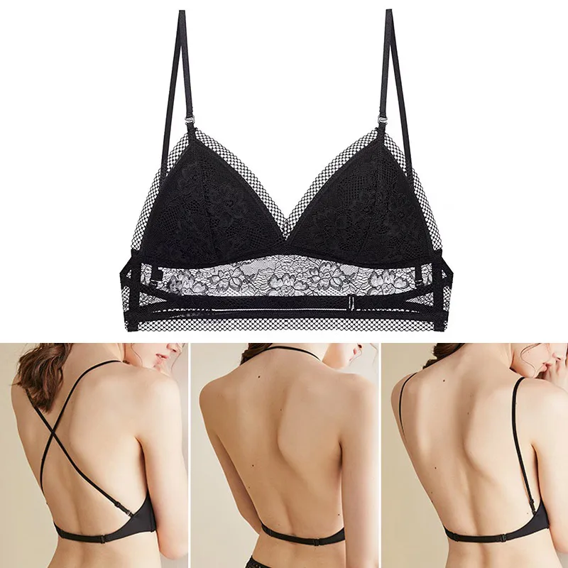 

New Sexy Low Back Bralette Ladies U Backless Invisible Lace Bra Polka Dot Mesh Ultra Thin Underwear Women Lingerie Tank Top Bras