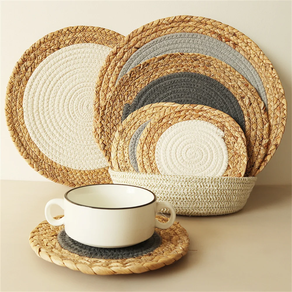 Rattan Woven Coaster Heat Resistant Dish Mat Round Table Pads Non-Slip Placemat Bowls Cups Tableware Mat Home Kitchen Decor