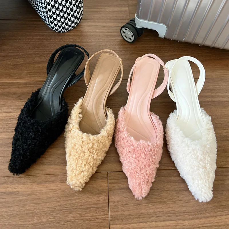 

Tender Pink Lambswool Slingback Sandals Woman Autumn Pointed Toe Plush Pumps Ladies Elegant Evening Party Furry Heel Shoes