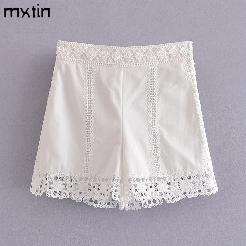 

2022 Women Spring Fashion White Crochet Splicing Shorts Fashion High Waist Zipper Office Ladies Female Casual Shorts Vestidos