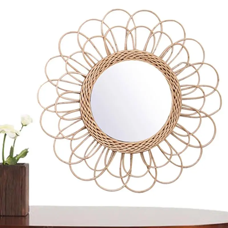 

Decorative Mirrors Rattan Art Round Makeup Mirror Dressing Bathroom Nordic Wall Hanging Mirror Ornament For Home Decor