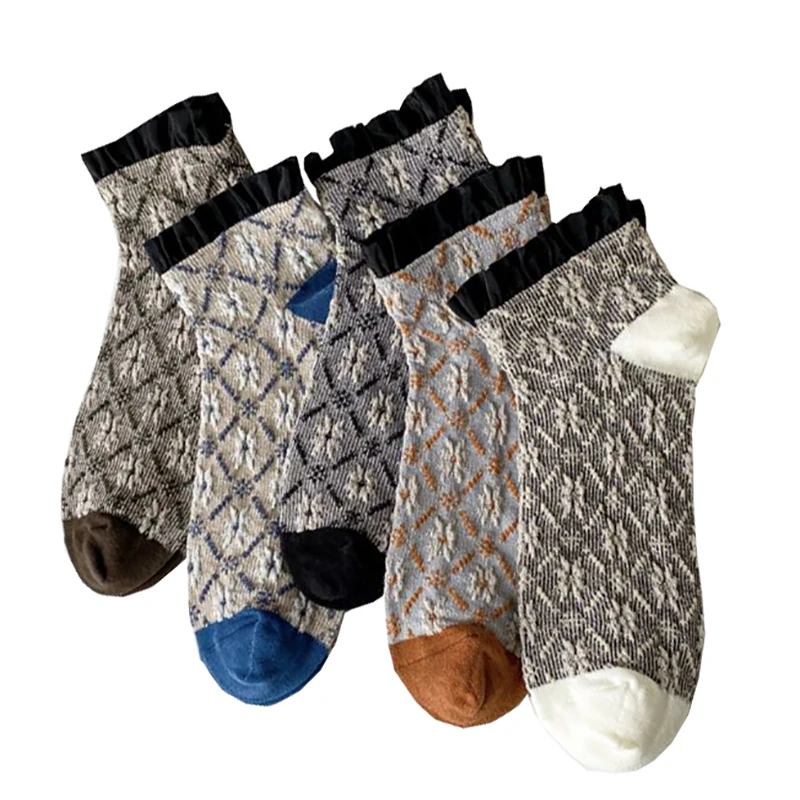 

3 Pair Kawaii 2023 New Fashion Women Socks Spring Summer Short Breathabl Vintage Print Ankle Ruffles Shallow Mouth Socks Lolita