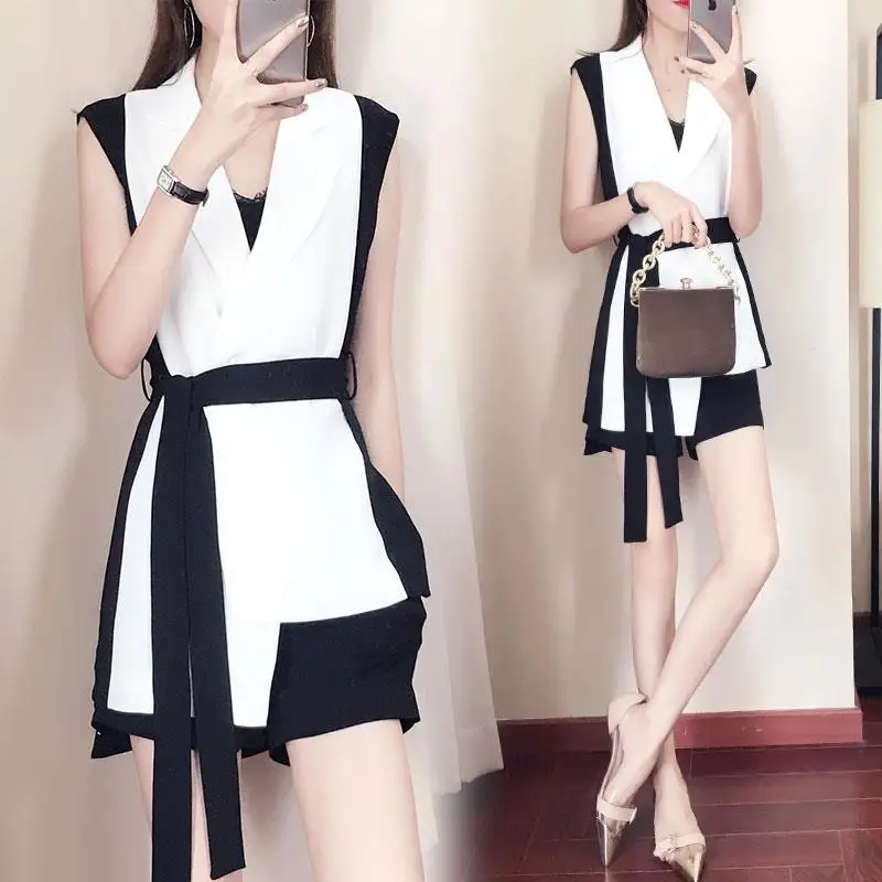 

Summer 2 Piece Sets Womens Outfits Casual Sleeveless Blouse Tops + Shorts Pants Suit Female Office Ladies Plus Size Set E37