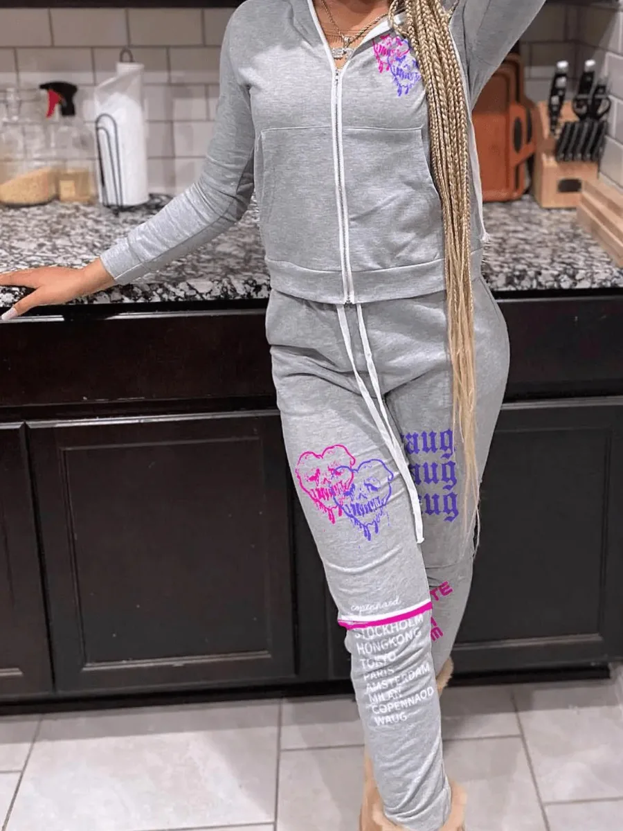 

LW Plus Size Letter Print Kangaroo Pocket Tracksuit Set Women Autumn Casual Two Piece Set Hooded Crop Tops Sporty suit