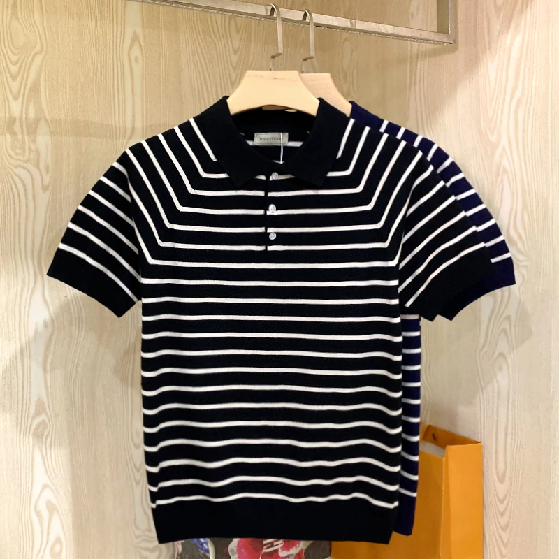 

Men 2022 Summer Fashion Soft Short Sleeve Lapel T-shirt Male Contrast Color Stripe Tees Men's Slim Fit Knitted Polo Shirt G137