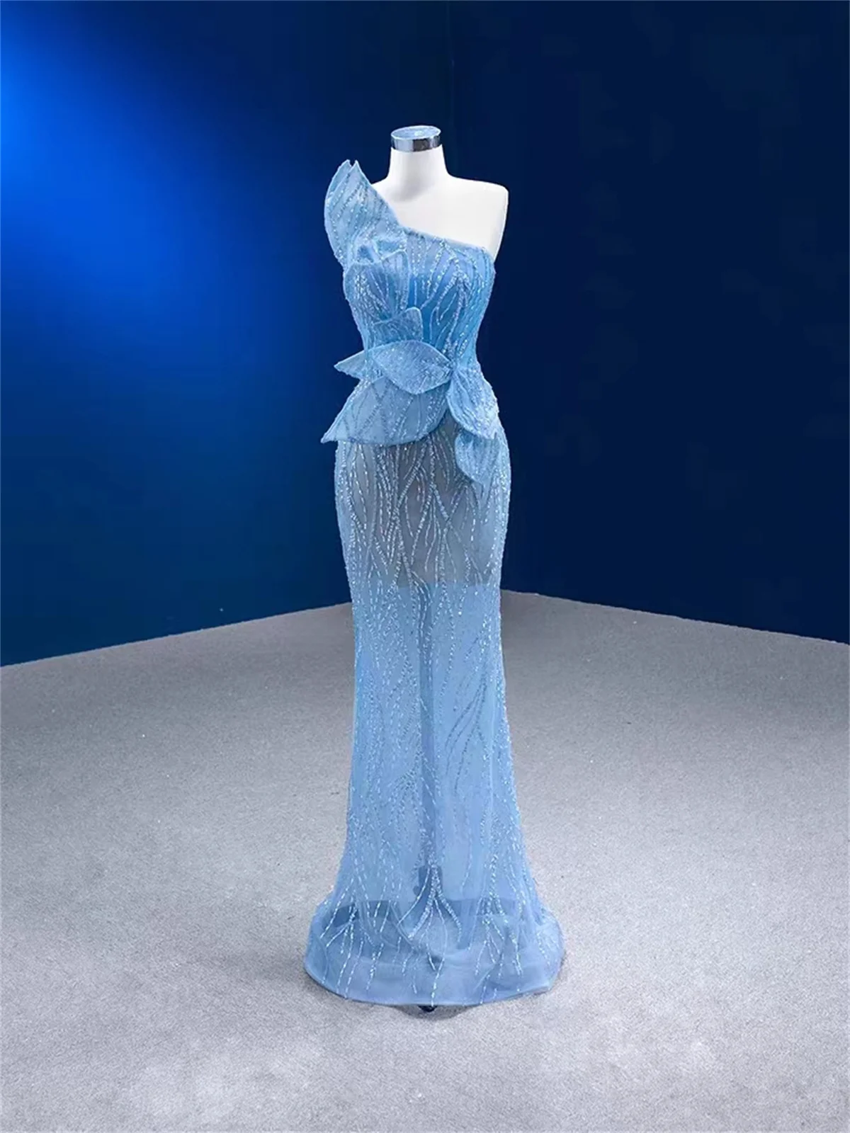 

Evening Special Occasion Dress Bandeau Bow Sequin Beaded Blue Lace Noble Elegant Skinny 2023 웨딩 드레스 Customized