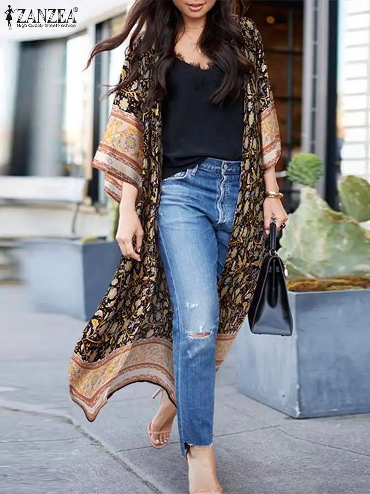 

ZANZEA Women Summer Floral printed Cardigan Short Sleeve Beachwear Kimono Cover-ups Blouse Bohemian Elegant Beach Holiday Tops