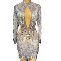 sparkly rhinestone mini dress glitter fringes women dress nightclub stage performance costume birthday celebrate party show wear