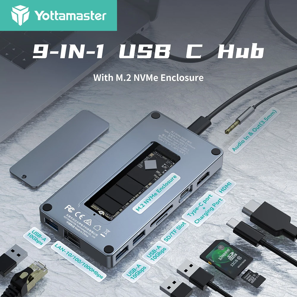 

Yottamaster M.2 NVMe Enclosure with Multiport USB C HUB Adapter to 4K HDMI-compatible 1000M Ethernet PD 100W for Macbook Air/Pro