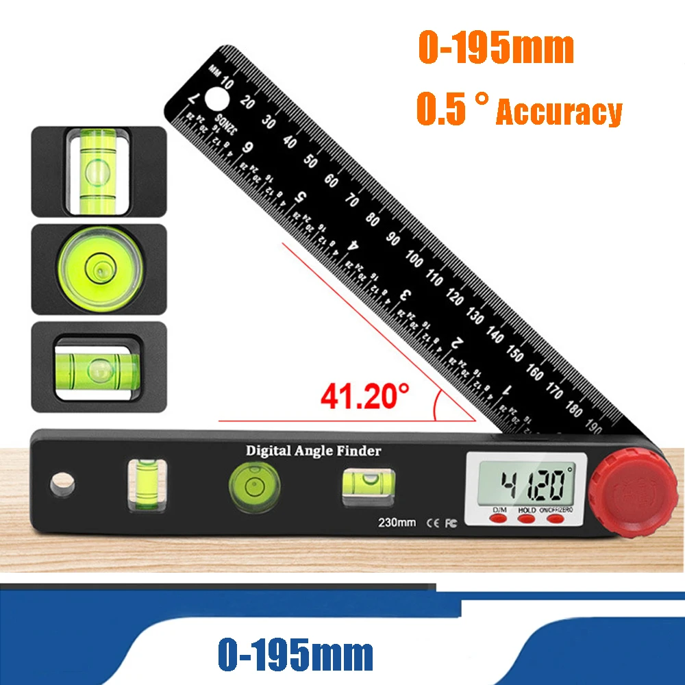 

4 In1 0-195mm Digital Angle Inclinometer Measuring Instrument, Digital Electronic Goniometer Angle Detector Level Ruler