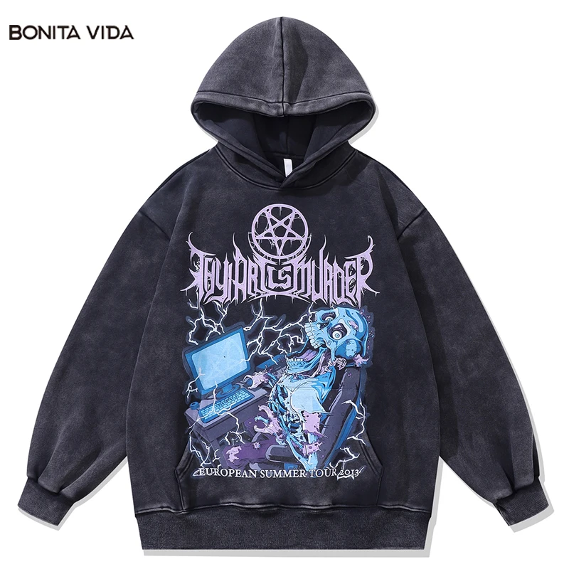 

Винтажная Черная Толстовка 2023 г/м2, уличная одежда, пуловер в стиле хип-хоп с принтом черепа, скелета, графического принта, панк, готический пуловер, толстовка с капюшоном в стиле Харадзюку