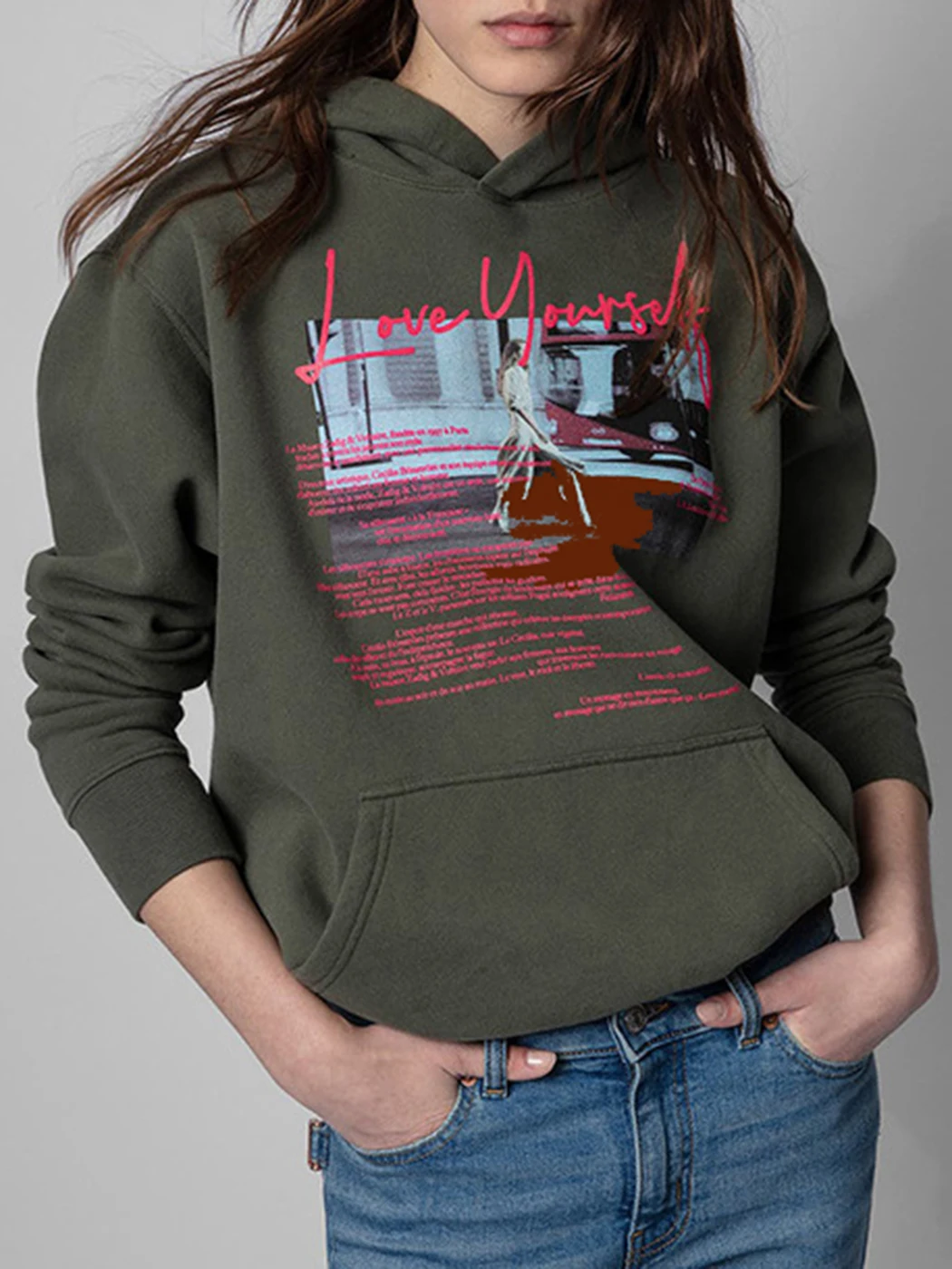 

Jyate 2022 Spring Digital Print Streetwear Sweatshirt Casual Top Women Cotton Fleece Warm Long Sleeve Army Green Hoodie Pullover