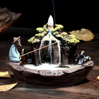 old man fishing statue ceramic backflow incense burner portable stick holder censer smoke waterfall incense burner home decor