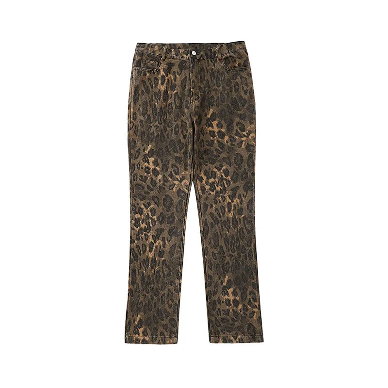 

2021 New Arrival Chic Leopard Brown Vintage Men Elasticity Jeans Pants Straight Casual Women Punk Baggy Denim Trousers Pantalon