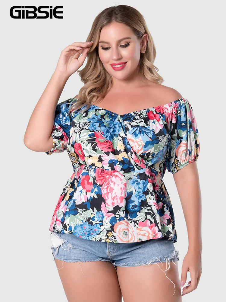 

GIBSIE Sweetheart Neck Floral Print Peplum Blouse Women Plus size 2022 Summer Short Puff Sleeve Tops Vintage Party New Fashion