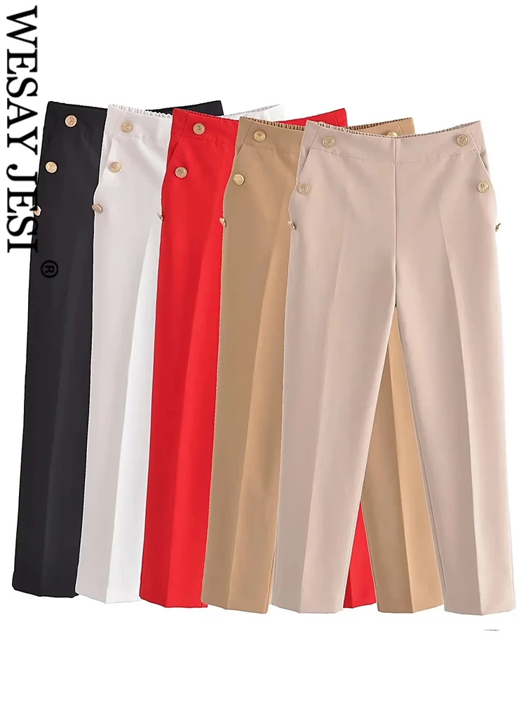 

WESAY JESI Elegant Chic Pencil Pants Solid Multicolor Elastic Side Pockets Button Premium Fashion Slim Versatile Pants Ladies