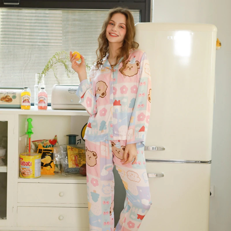 2022 New Spring 100% Cotton Pajamas Sets Women V-neck Print Cardigan Homewear High Quality Full Sleeve Night Sleep Pants