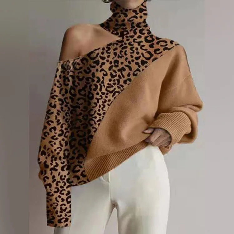 

Women Turtleneck Sweater Cold Shoulder Loose Ladies Knitted Sweaters Long Sleeve Solid Winter Autumn 2022 Casual Fashion Jumpers