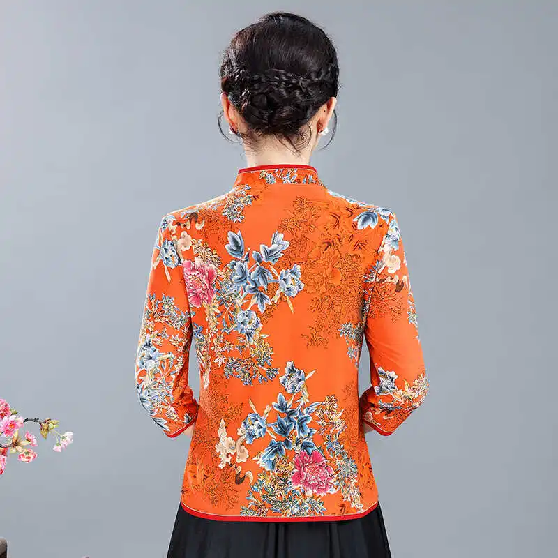 Ретро Пряжка Цветочный китайский Sle стройнящий костюм маленькая рубашка