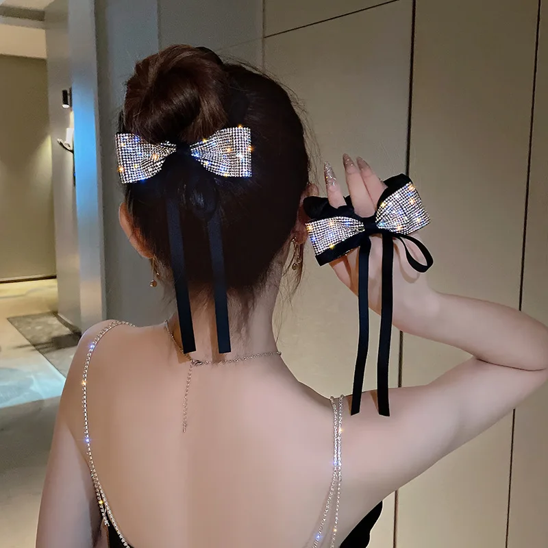 

Sparking Rhinestones Hair Bows Scrunchies Ties Korean Rope Elastic Rubber Bands Ponytail Holder Girls Hair Accessories For Women