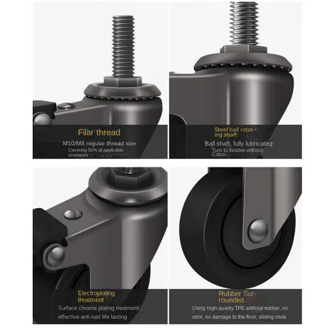 4 шт. 1,25-дюймовые мини-мебельные ролики M6/M8, бесшумные резиновые колеса с резьбой и фиксирующим тормозом, грузоподъемность 20 кг на колесо
